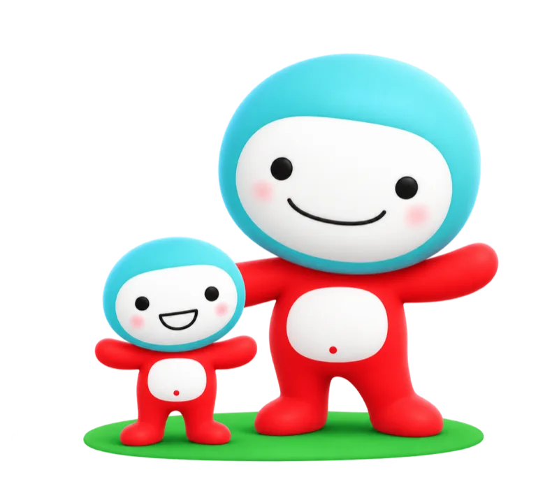 Geuli and Hani, the smiling 3D Hangulish mascots, standing on green ground
